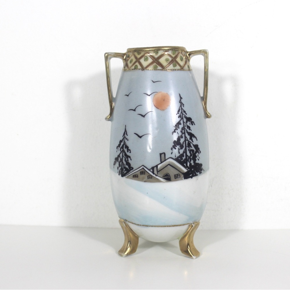 Vintage Nippon Hand Painted Porcelain Vase with Moriage Gold Decoration